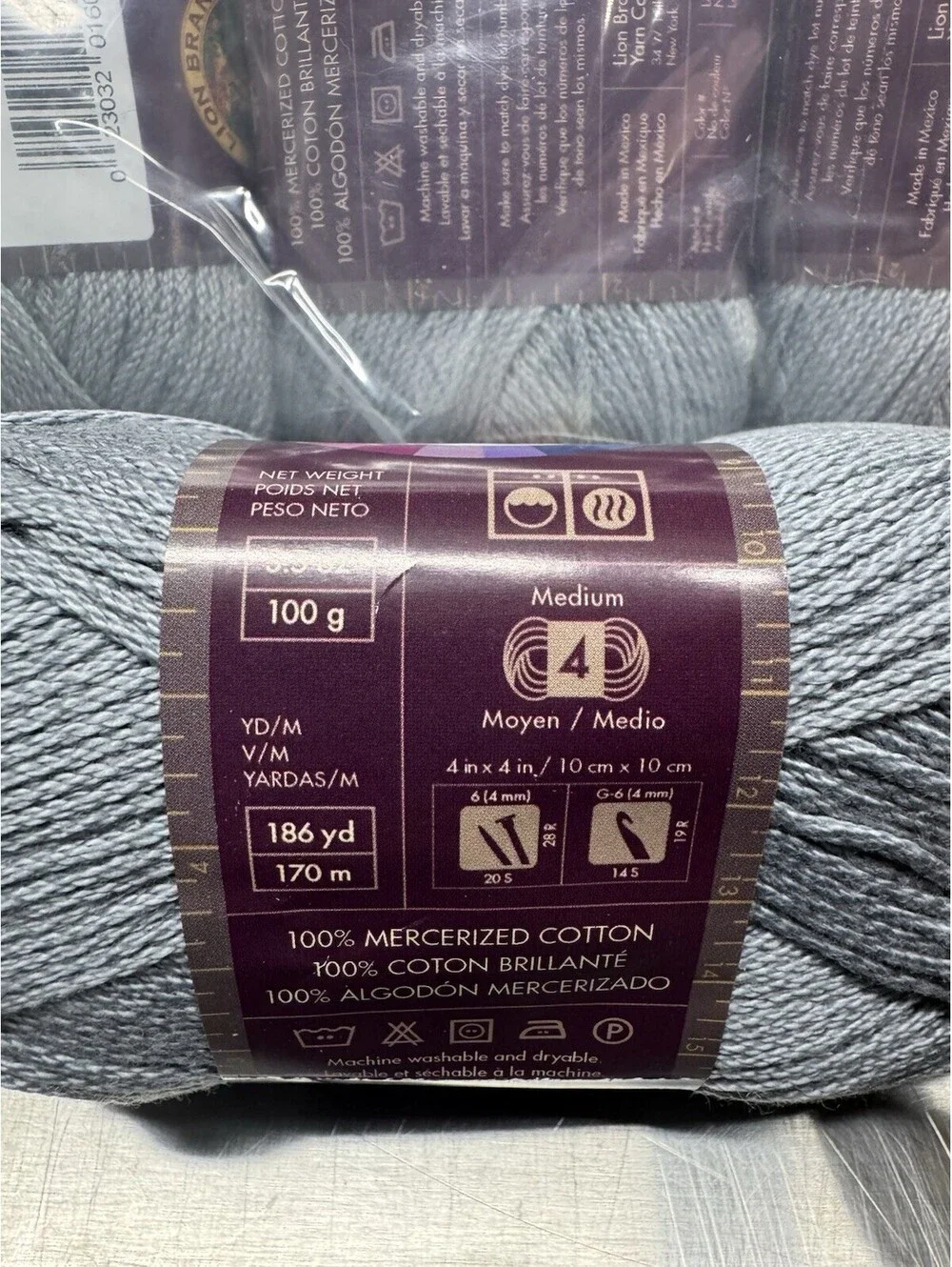 Lion Brand 24/7 Cotton Yarn Color 149 Silver 4 Skein Lot